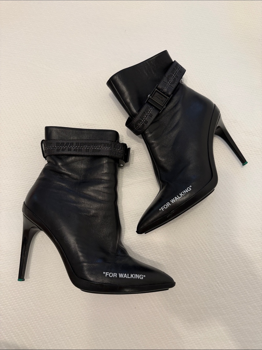 Off-White Black Leather "For Walking" Pointed Stiletto Ankle Boots